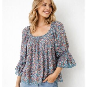 RAMY BROOK | Oakleigh Multi Colored Floral Eyelet Ruffle Sleeve Boho Top Sz. XS